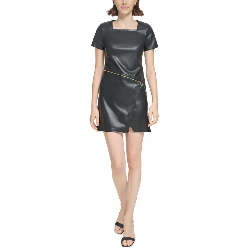 Calvin Klein Womens Faux Leather Sheath Dress
