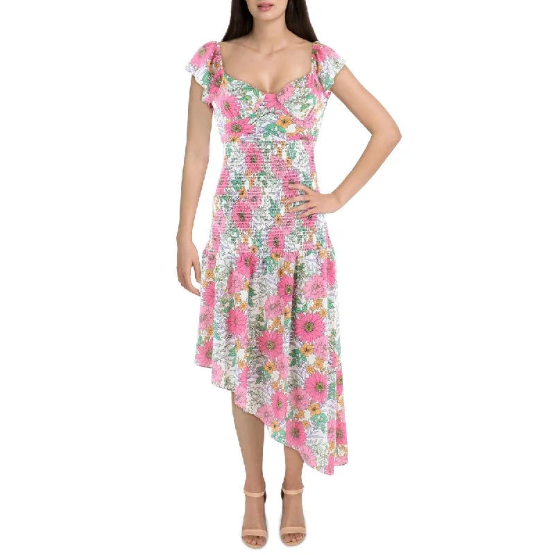 Aqua Womens Floral Smocked Sheath Dress