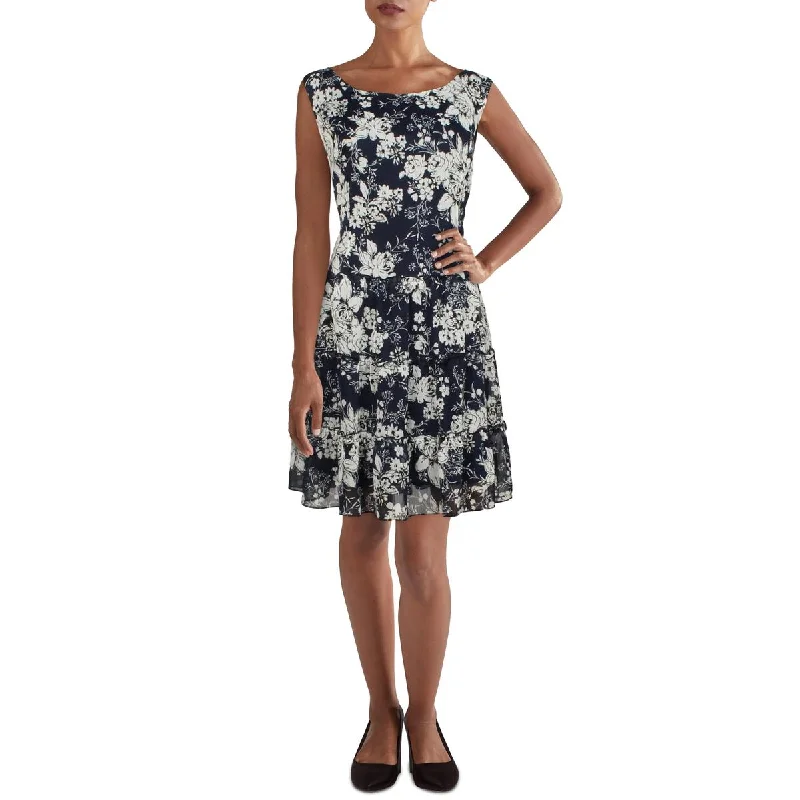 Connected Apparel Womens Petites Chiffon Floral Sheath Dress