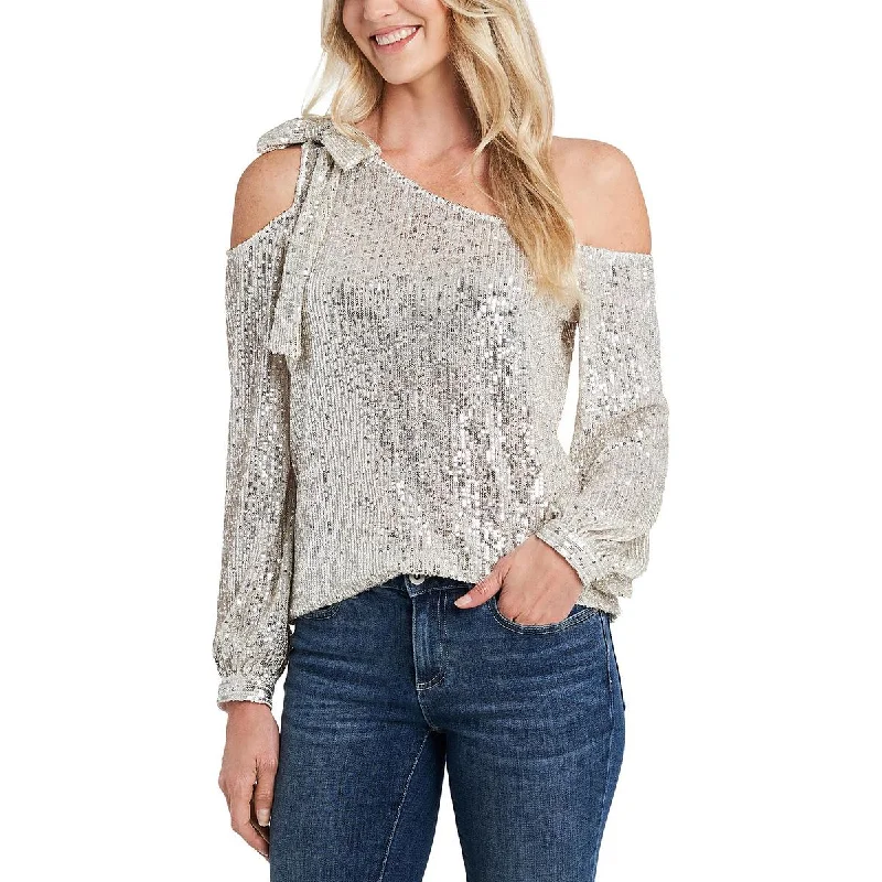 CeCe Womens Sequined One Shoulder Blouse