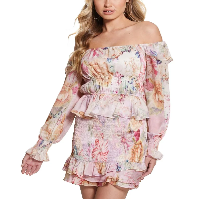 Guess Womens Ruffled Off-Shoulder Cropped