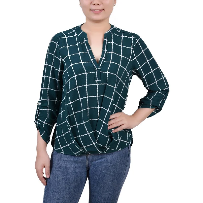 NY Collection Womens Petites Surplice Printed Blouse