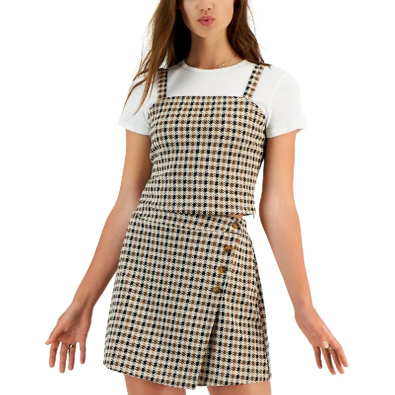 Self E Womens Juniors Crewneck Plaid Cropped