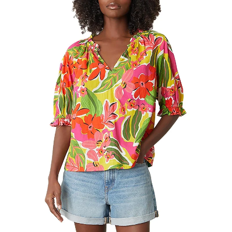VELVET BY GRAHAM & SPENCER Womens Split Neck Floral Print Blouse