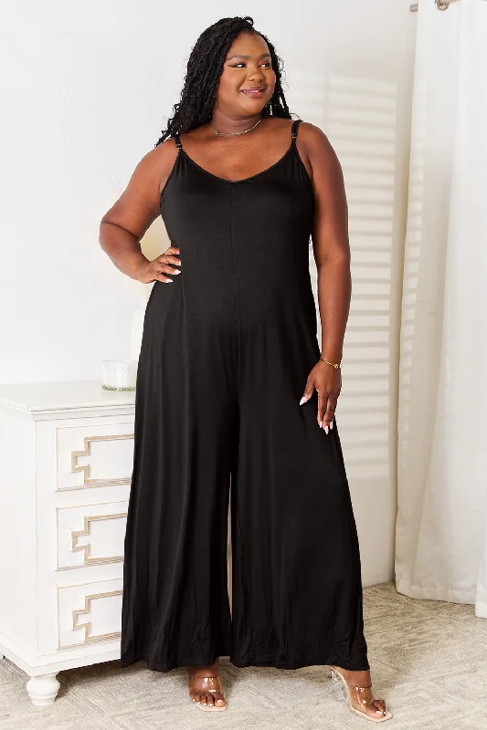 Double Take Plus Size Soft Rayon Spaghetti Strap Tied Wide Leg Jumpsuit
