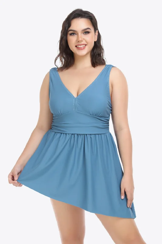 Plus Size Plunge Sleeveless Two-Piece Tankini Swim Dress
