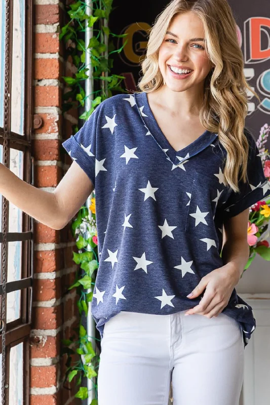 Plus Size Star Print V-Neck Short Sleeve T-Shirt