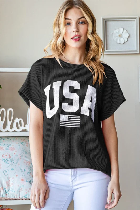 Plus Size USA Graphic Short Sleeve Ribbed Top
