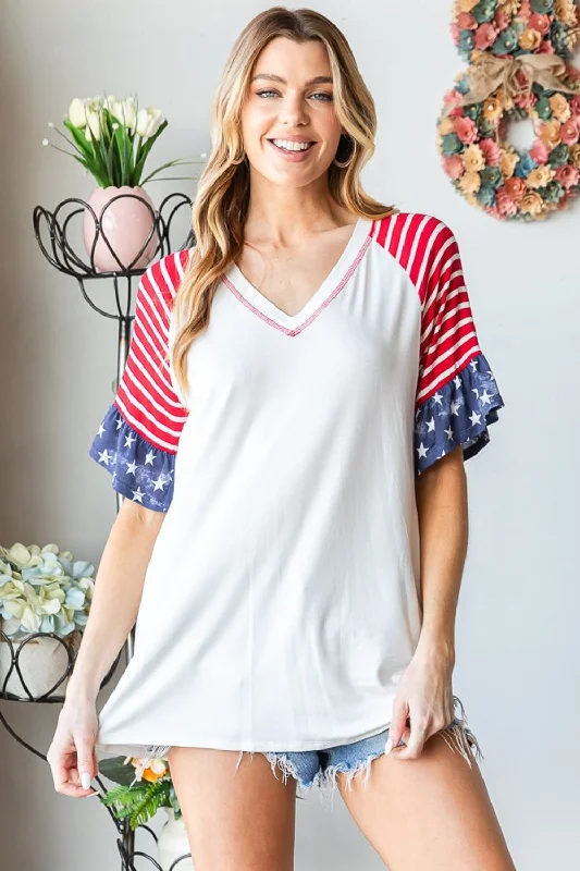 Plus Size USA V-Neck Flounce Sleeve T-Shirt