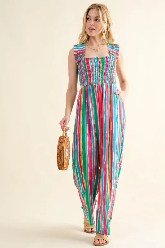 Sunset and Swim  And The Why Plus Size Striped Smocked Sleeveless Jumpsuit
