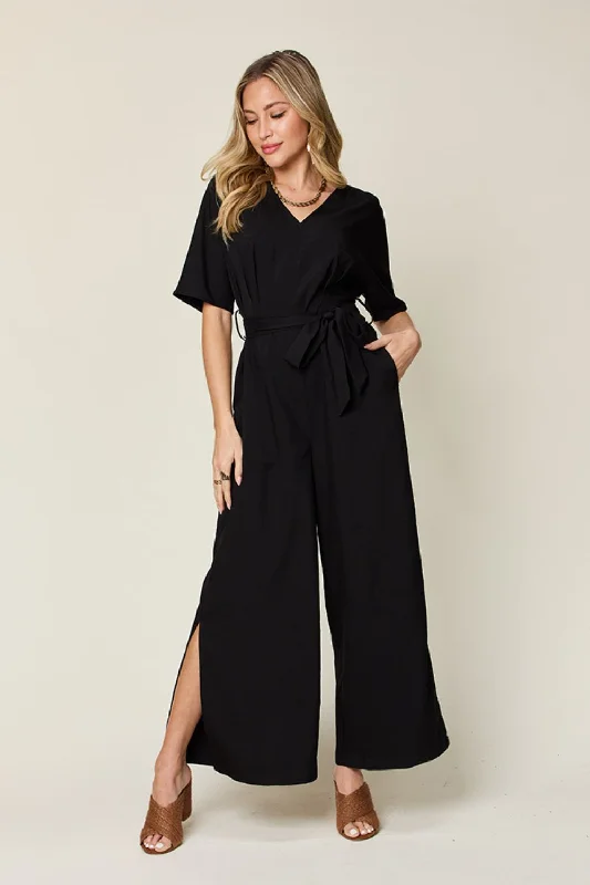 Sunset and Swim  Plus Size V-Neck Tie Front Short Sleeve Slit Jumpsuit