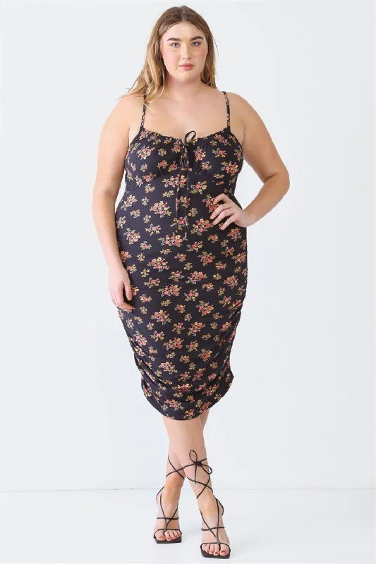 Sunset Vacation Blue Leopard Plus Size Ruched Floral Square Neck Cami Dress