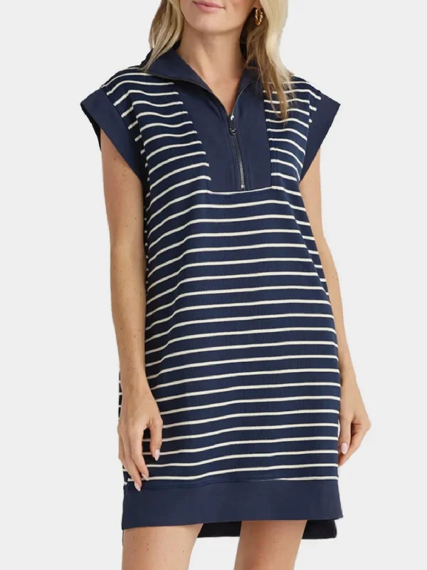 Sunset Vacation Full Size Pocketed Striped Quarter Zip Cap Sleeve Dress