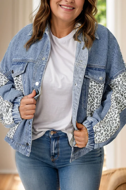 Sunset Vacation Plus Size Leopard Long Sleeve Denim Jacket