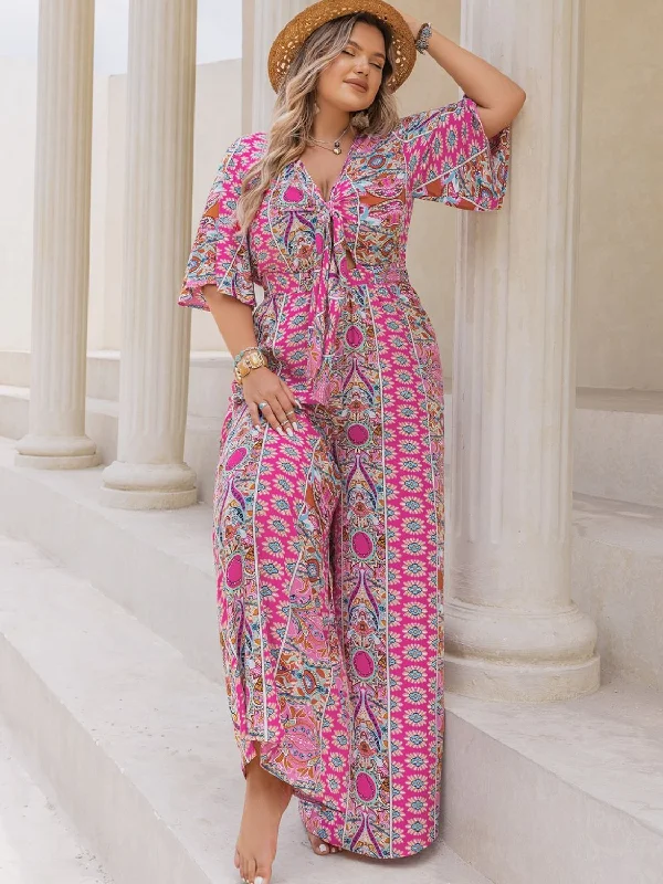 Sunset Vacation Plus Size Printed Half Sleeve Wide Leg Jumpsuit