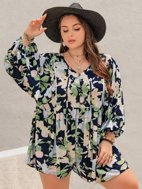 Sunset Vacation Plus Size Tied Printed Long Sleeve Romper