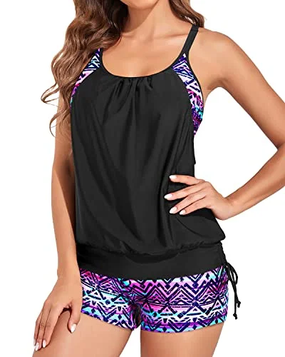 Unique Blouson Tankini Top With Tummy Control For Women-Black And Tribal Purple