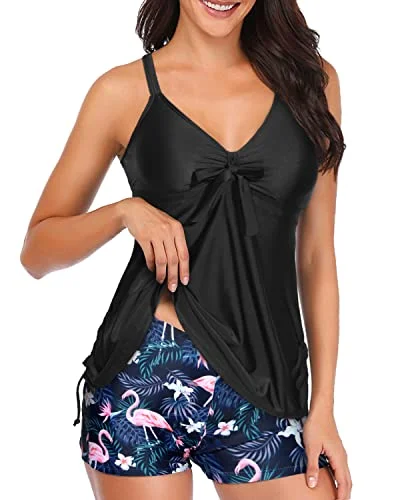 Two Piece Tankini Swimwear With Shorts Slimming Tummy Control For Women-Black Flamingo Two Piece Tankini Swimwear With Shorts Slimming Tummy Control For Women-Black Flamingo