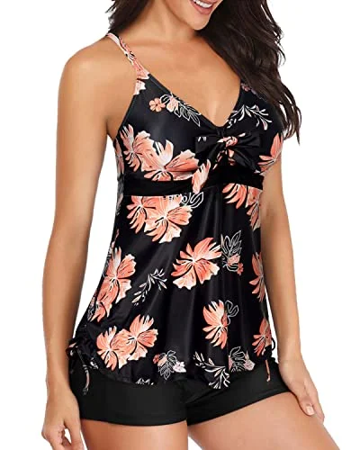 Two Piece Tankini Swimsuit With Shorts Tummy Control Bathing Suit For Women-Black Orange Floral Two Piece Tankini Swimsuit With Shorts Tummy Control Bathing Suit For Women-Black Orange Floral