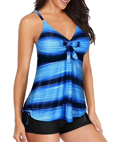 Flowy Tankini Top With Shorts Bathing Suit Tummy Control Swimwear-Blue And Black Stripe Flowy Tankini Top With Shorts Bathing Suit Tummy Control Swimwear-Blue And Black Stripe