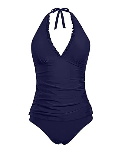 Adjustable Straps Two Piece Bathing Suits V Neck Tankini Swimsuits-Navy Blue