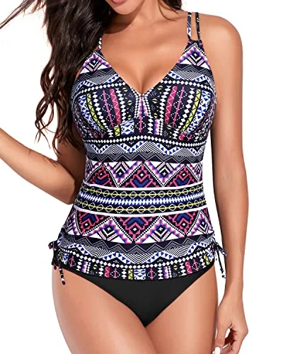 Sporty Adjustable Criss Cross Shoulder Straps Tankini Swimsuits-Black Tribal
