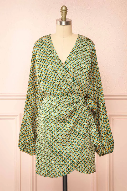 Asterix | Short Patterned Wrap Dress w/ Long Sleeves