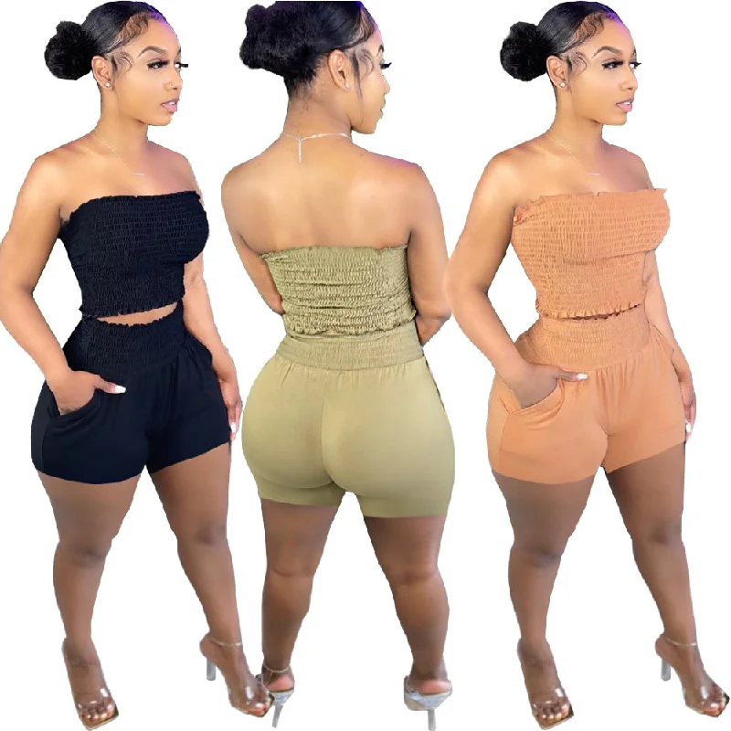 Casual Elastic Bandeau Wrapped Top Two Piece Short Set