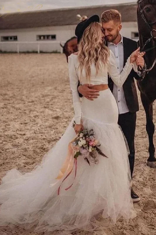 2 Pieces Ivory Wedding Dress Scoop Neck Tulle Long Sleeves Beach A-line Bridal Dress OKW53 2 Pieces Ivory Wedding Dress Scoop Neck Tulle Long Sleeves Beach A-line Bridal Dress OKW53