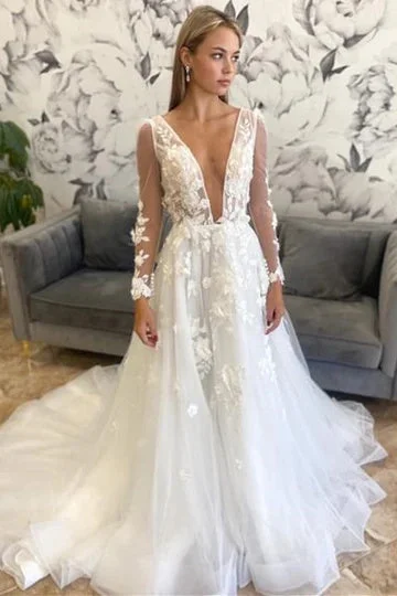A-Line Floral Appliques Off White Plunging Neck Long Sleeves Backless Wedding Dress OK1906 A-Line Floral Appliques Off White Plunging Neck Long Sleeves Backless Wedding Dress OK1906