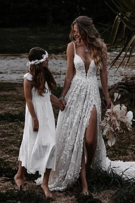 Deep V Neck A-line Lace Wedding Dress With Slit Spaghetti Straps Long Bridal Gowns OKX85 Deep V Neck A-line Lace Wedding Dress With Slit Spaghetti Straps Long Bridal Gowns OKX85