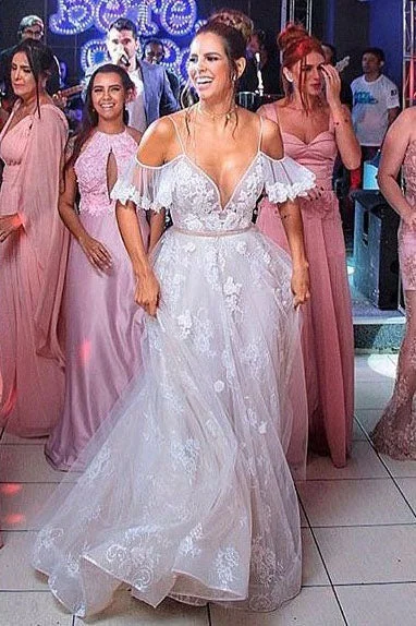 Elegant A-Line Cold Shoulder Lace Beach Wedding Dresses with Ruffles Appliques OKF88 Elegant A-Line Cold Shoulder Lace Beach Wedding Dresses with Ruffles Appliques OKF88
