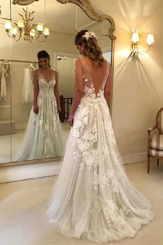 Elegant A line V-neck Tulle Floor Length Wedding Dresses With Lace Appliques OKC94 Elegant A line V-neck Tulle Floor Length Wedding Dresses With Lace Appliques OKC94