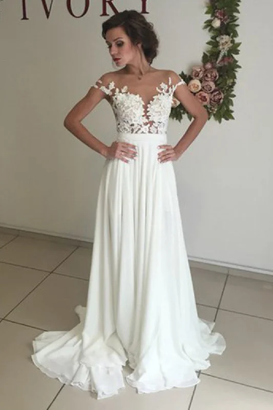 Elegant White Chiffon Wedding Dress with Appliques, Sweep Train A Line Wedding Dress Elegant White Chiffon Wedding Dress with Appliques, Sweep Train A Line Wedding Dress