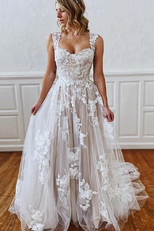 Gorgeous A-line Wedding Dress with Straps Sweetheart Lace Appliques Bridal Dress OKW92 Gorgeous A-line Wedding Dress with Straps Sweetheart Lace Appliques Bridal Dress OKW92