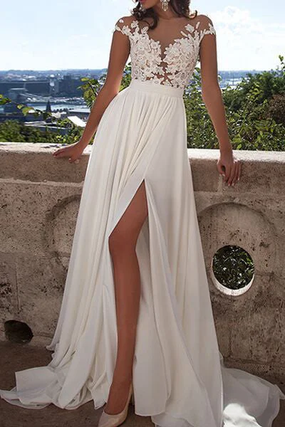 Ivory Lace Front Slit See Through Cap Sleeves Custom Made Beach Wedding Dress OK273 Ivory Lace Front Slit See Through Cap Sleeves Custom Made Beach Wedding Dress OK273