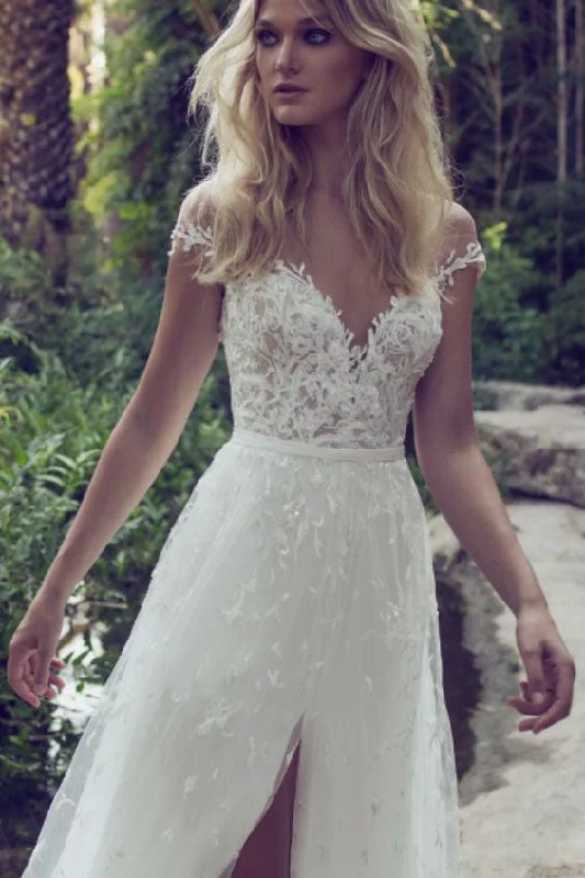 Lace Boho Off the shoulder Cap Sleeves Long Country Slit Wedding Gowns, Beach Wedding Dress OK242 Lace Boho Off the shoulder Cap Sleeves Long Country Slit Wedding Gowns, Beach Wedding Dress OK242