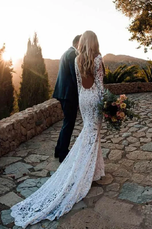Long Sleeve Lace V Neck Backless Mermaid Boho Wedding Dress,Beach Wedding Gown OKH77 Long Sleeve Lace V Neck Backless Mermaid Boho Wedding Dress,Beach Wedding Gown OKH77
