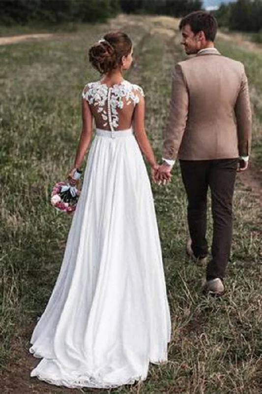 Lovely Off White Lace Appliques Cap Sleeves Long Chiffon Beach Wedding Dress New OK827 Lovely Off White Lace Appliques Cap Sleeves Long Chiffon Beach Wedding Dress New OK827