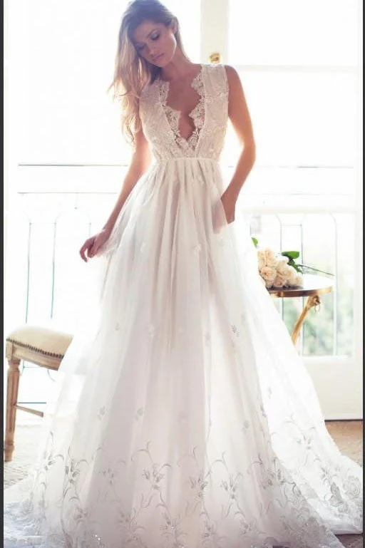 Modest A Line Chiffon V-neck Long Appliqued Wedding Dress,Custom Made Beach Wedding Dress OK268 Modest A Line Chiffon V-neck Long Appliqued Wedding Dress,Custom Made Beach Wedding Dress OK268
