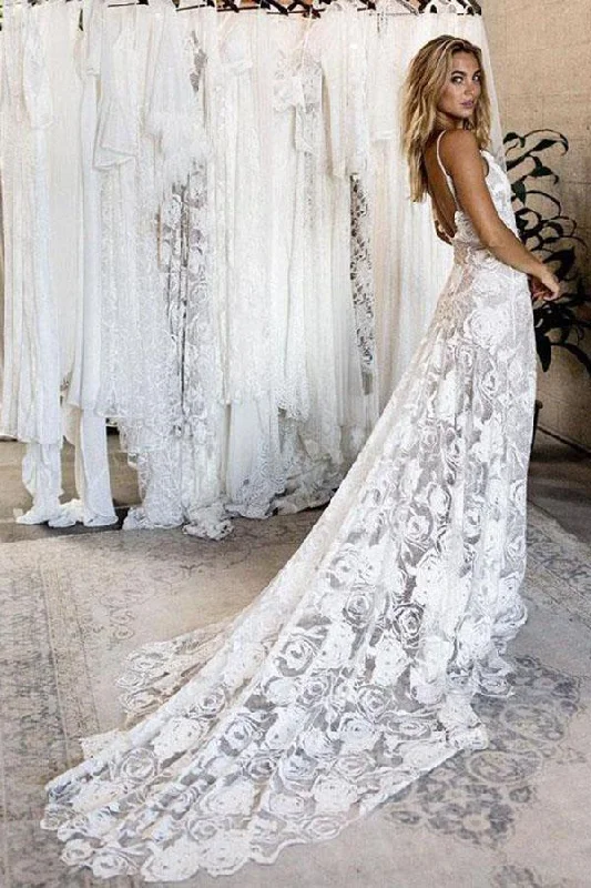 New Arrival Lace Backless V-Neck Ivory Spaghetti Straps Beach Wedding Dresses OKC71 New Arrival Lace Backless V-Neck Ivory Spaghetti Straps Beach Wedding Dresses OKC71