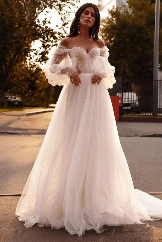 Off The Shoulder A Line Tulle Beach Wedding Dresses Sweetheart Puffy Sleeves Corset Princess Wedding Gown OKW15 Off The Shoulder A Line Tulle Beach Wedding Dresses Sweetheart Puffy Sleeves Corset Princess Wedding Gown OKW15