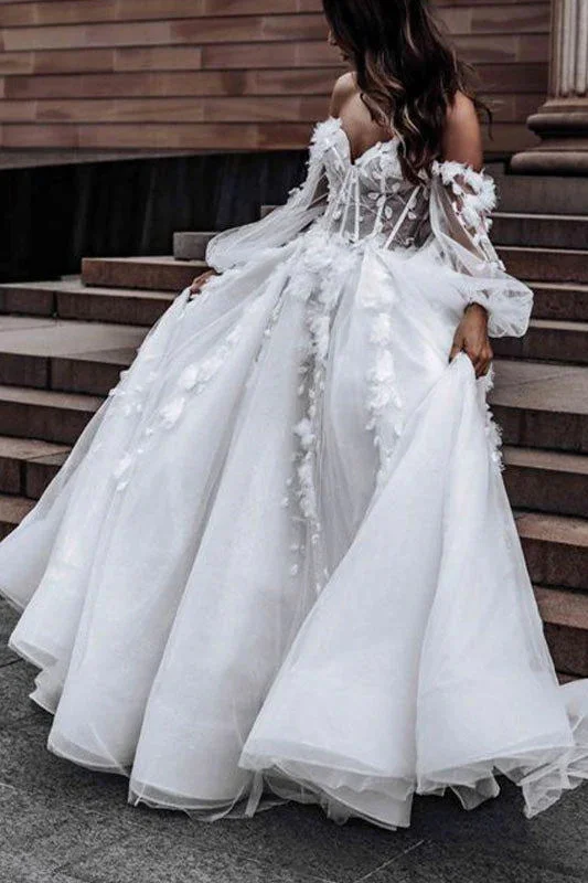 Off the Shoulder Rustic Long Sleeves Long Wedding Dresses, Beach Bridal Gowns OK1927 Off the Shoulder Rustic Long Sleeves Long Wedding Dresses, Beach Bridal Gowns OK1927