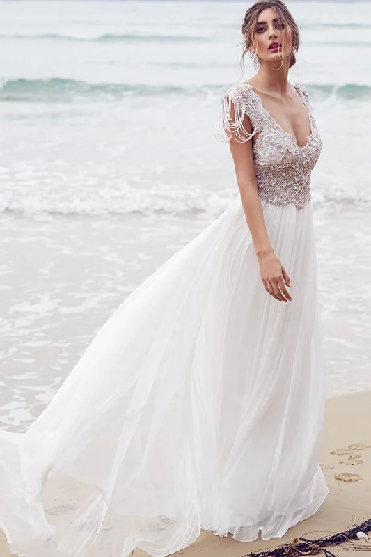 Sexy Beading A Line Chiffon V-neck Long Beach/Coast Wedding Dress,Summer Wedding Gown OK267 Sexy Beading A Line Chiffon V-neck Long Beach/Coast Wedding Dress,Summer Wedding Gown OK267