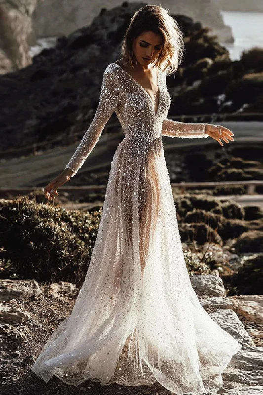 Sexy Illusion Boho A-line Backless Bride Dress Sequined Beading Mermaid Wedding Dress OKV67 Sexy Illusion Boho A-line Backless Bride Dress Sequined Beading Mermaid Wedding Dress OKV67
