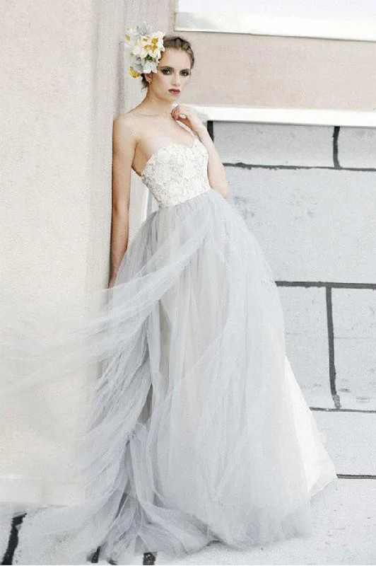 Sexy White Top A-line Lace Grey Tulle Strapless Sweetheart Neck Wedding Dress OK388 Sexy White Top A-line Lace Grey Tulle Strapless Sweetheart Neck Wedding Dress OK388