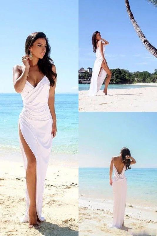Sexy Backless Beach Bridal Dress,Slit Spaghetti Straps Summer White Wedding Gowns OK260 Sexy Backless Beach Bridal Dress,Slit Spaghetti Straps Summer White Wedding Gowns OK260