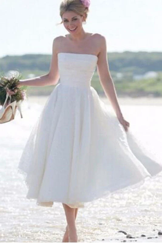 Simple Strapless A Line Tea Length Short Ivory Summer Beach/Coast Wedding Dress OK269 Simple Strapless A Line Tea Length Short Ivory Summer Beach/Coast Wedding Dress OK269