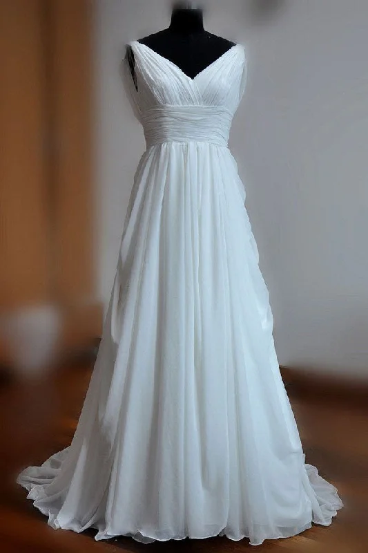 Simple White A-line V-neck Backless Sweep Train Chiffon Cheap Beach Wedding Dress OK219 Simple White A-line V-neck Backless Sweep Train Chiffon Cheap Beach Wedding Dress OK219