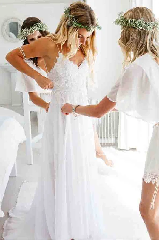 Spaghetti Strap White Chiffon Lace Appliqued V-neck Summer Beach Wedding Dress OK548 Spaghetti Strap White Chiffon Lace Appliqued V-neck Summer Beach Wedding Dress OK548